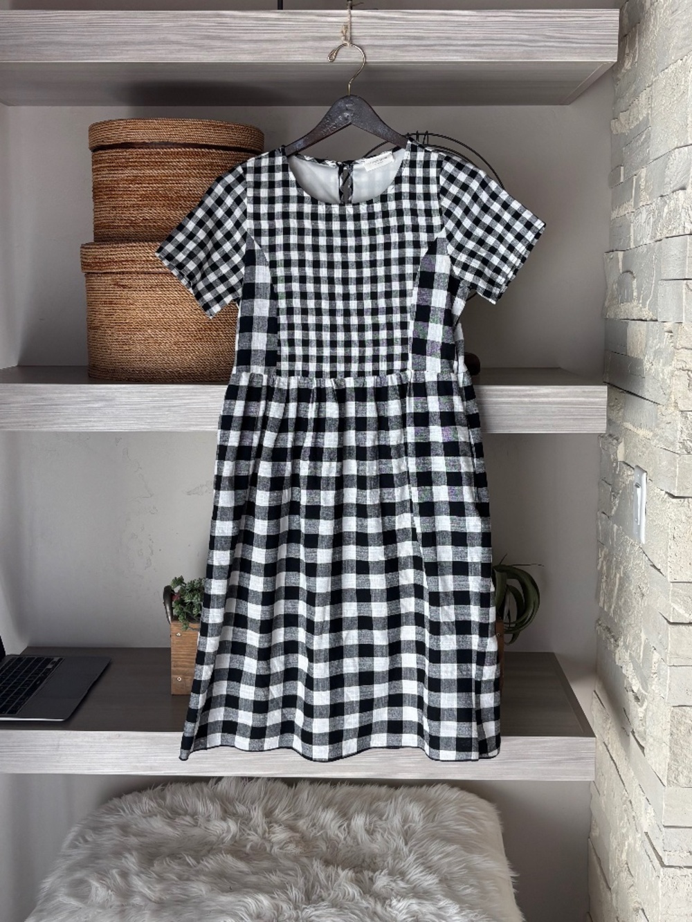 Checkered Cotton Linen Dress Empire Waist Pockets Petticoat Lined (6)